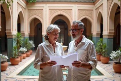 Couple d'acheteurs étrangers examinant des documents immobiliers dans la cour d'un riad traditionnel à Marrakech