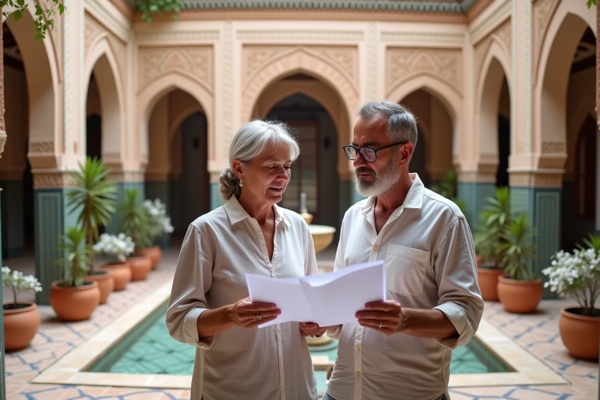 Couple d'acheteurs étrangers examinant des documents immobiliers dans la cour d'un riad traditionnel à Marrakech