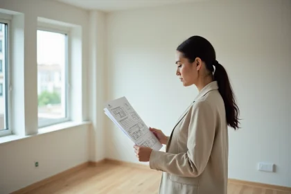 Acheteuse immobilière étudiant les plans d'un appartement T2 vide avant l'achat