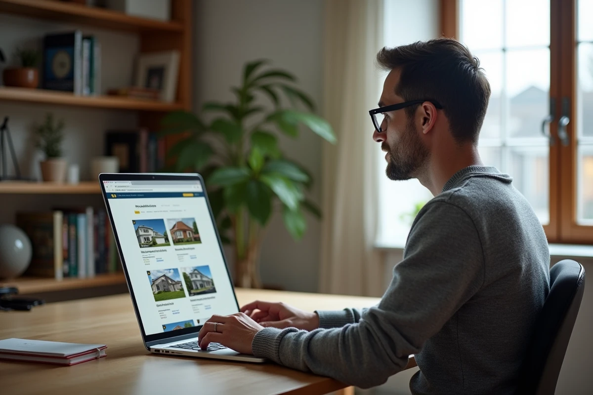 Homme utilisant une agence immobilière en ligne sur son ordinateur portable depuis son bureau à domicile pour comparer des annonces immobilières