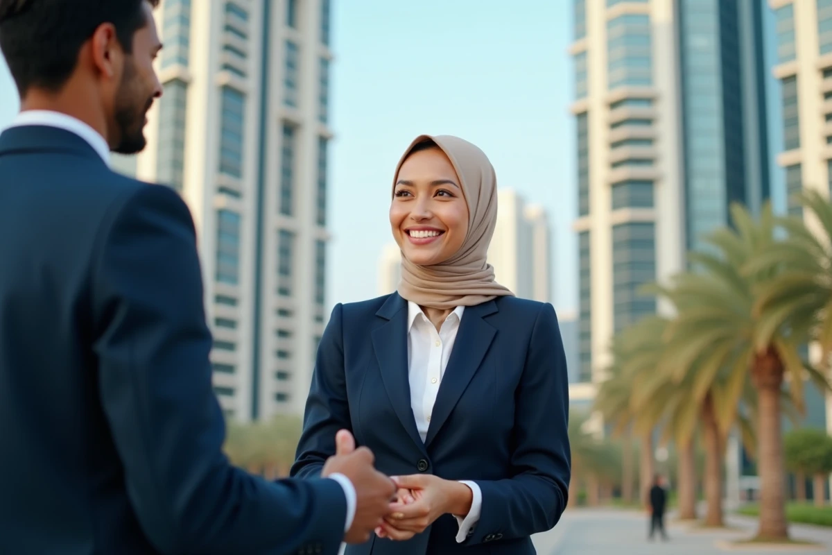 Jeune agente immobiliere remettant des clés devant des immeubles modernes