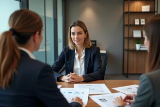 Agent immobilier professionnel conseillant un couple dans une agence immobilière traditionnelle avec des documents de vente sur le bureau