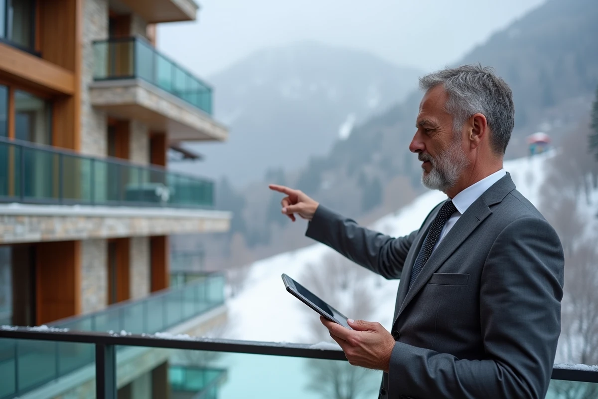Agent immobilier présentant un appartement de luxe à Andorre avec vue directe sur les pistes de ski depuis la terrasse