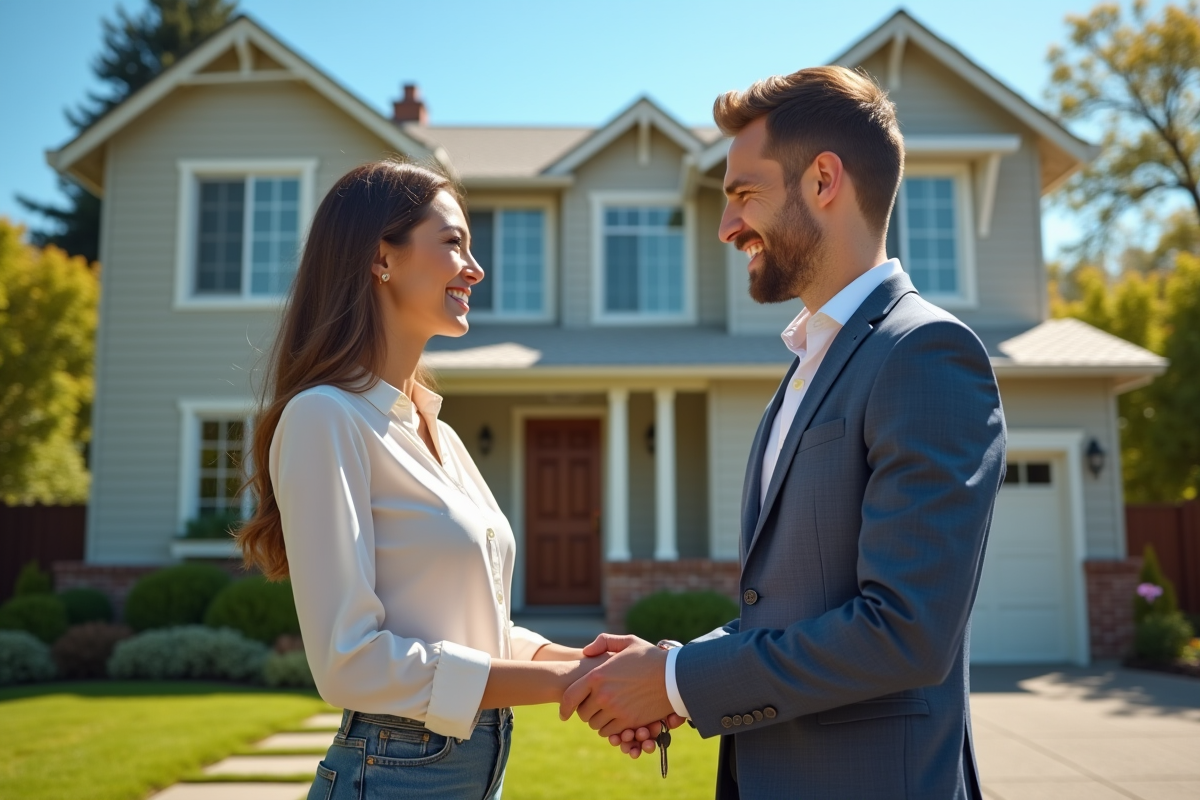 Agent immobilier remettant les clés à un couple souriant devant une maison