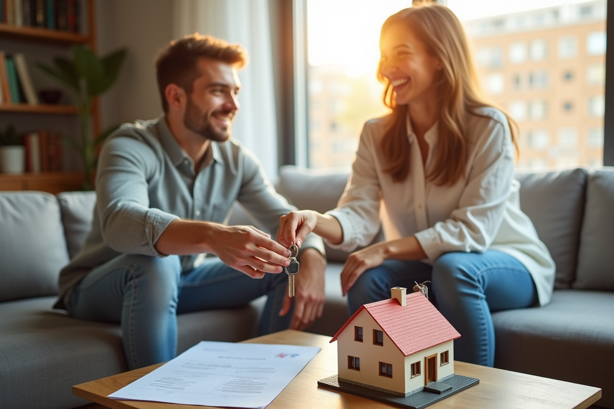 Agent immobilier remettant les clés à un couple souriant dans un salon lumineux
