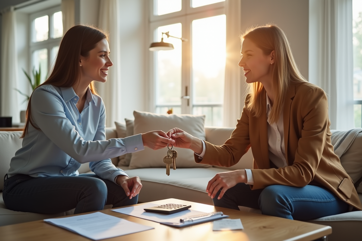 Agent immobilier souriant remettant des clés à un couple dans un salon lumineux