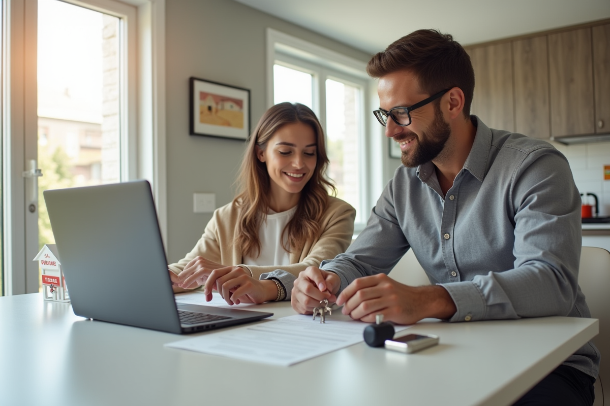 Agent immobilier et couple examinant un contrat de vente de maison