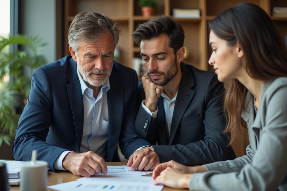 Agent immobilier en réunion avec un couple dans un bureau moderne