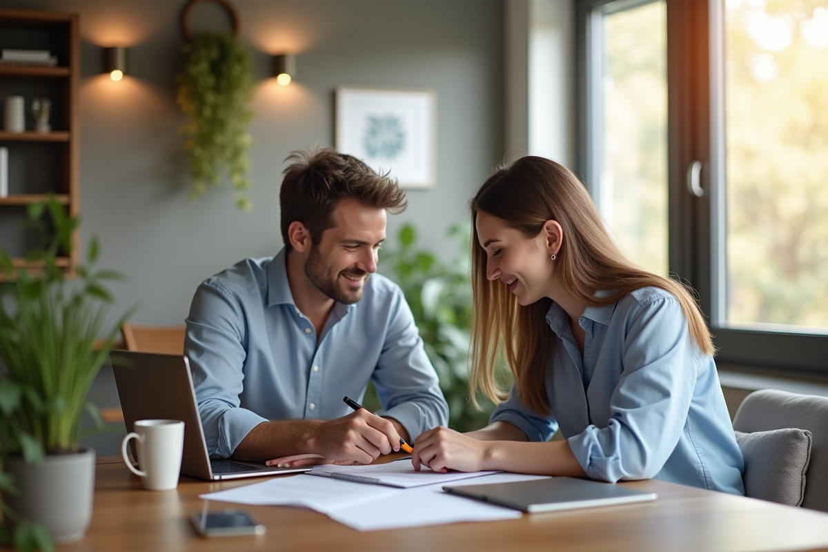 Agent immobilier et couple discutant dans un appartement moderne