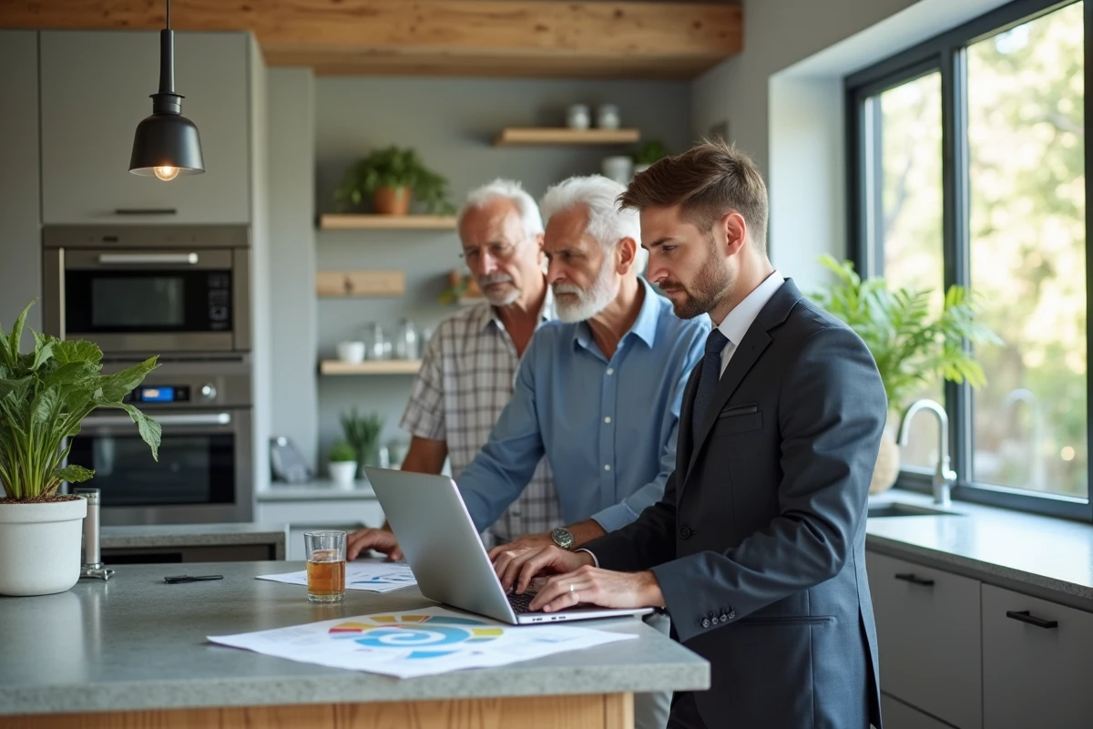 Agent immobilier discute avec un couple dans une cuisine moderne