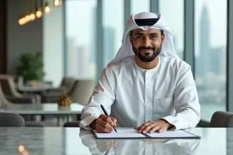 Agent immobilier Emirati signant des documents dans un bureau moderne