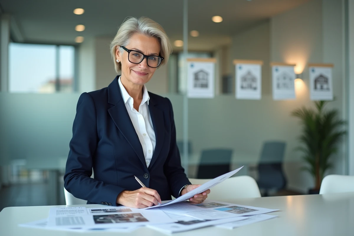 Agent immobilière expérimentée analysant une estimation de bien immobilier dans une agence moderne en 2026