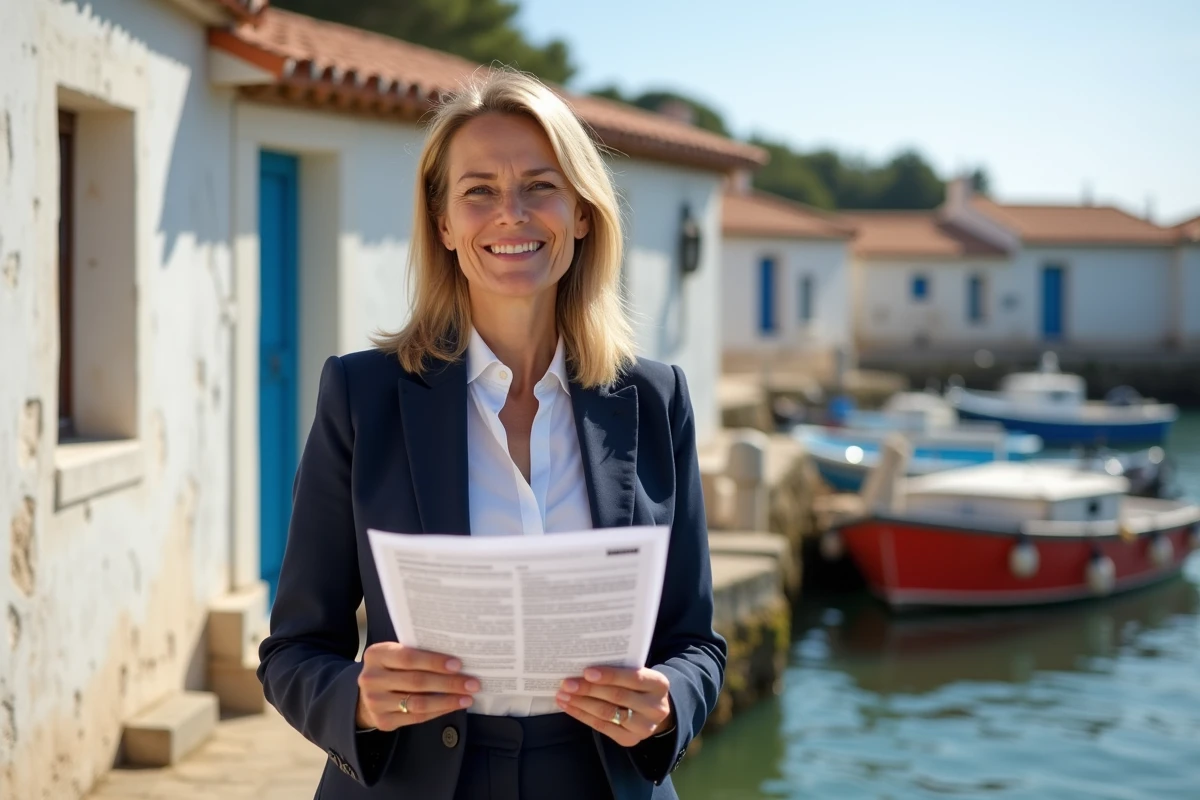 Agent immobilier présentant une maison de pêcheur à vendre dans un village côtier du sud de la France