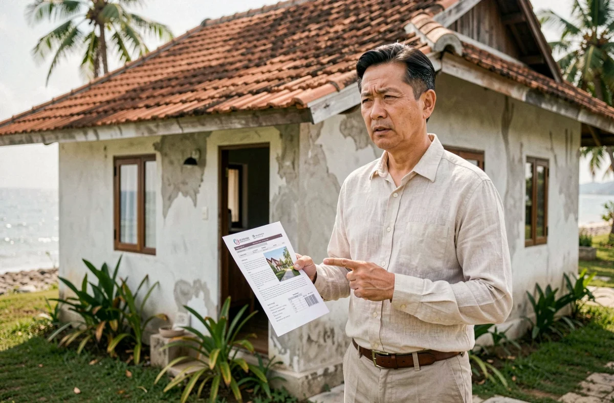 Agent immobilier thaïlandais présentant une maison à vendre pas cher près de la mer en Thaïlande