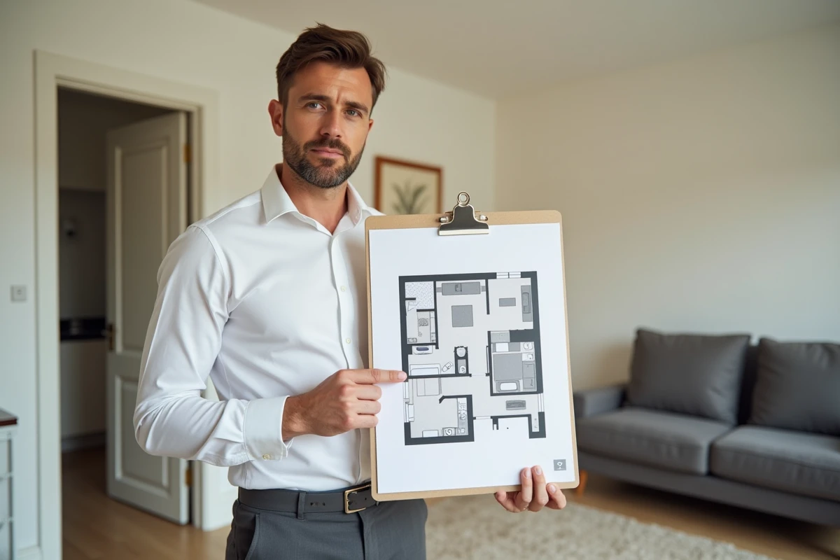 Agent immobilier expliquant le plan d'un T2 avec une chambre à un potentiel acheteur