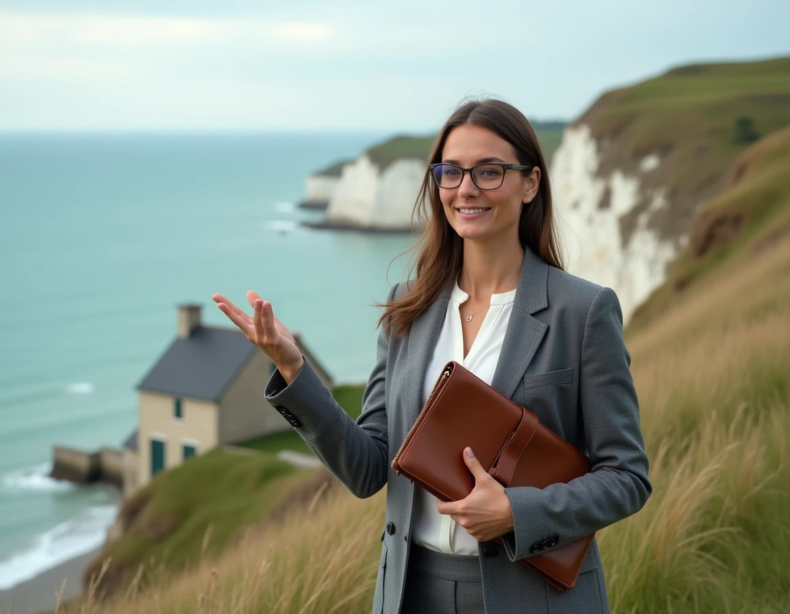 Agent immobilière présentant une villa en bord de mer en Normandie depuis un sentier de falaise