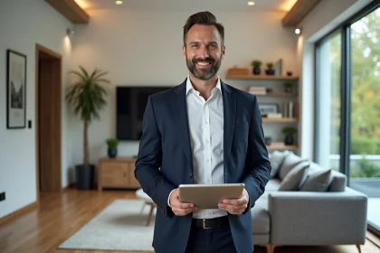 Agent immobilier tenant une tablette affichant une visite virtuelle 360 dans un salon moderne pour illustrer les prix Maison lamaison360