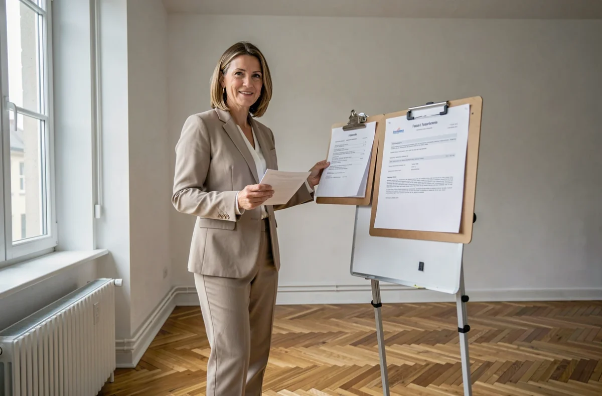 Agente immobilière tenant un avis de résiliation dans un appartement vide, symbolisant les conséquences d'une clause de résiliation de plein droit Visale pour un bailleur