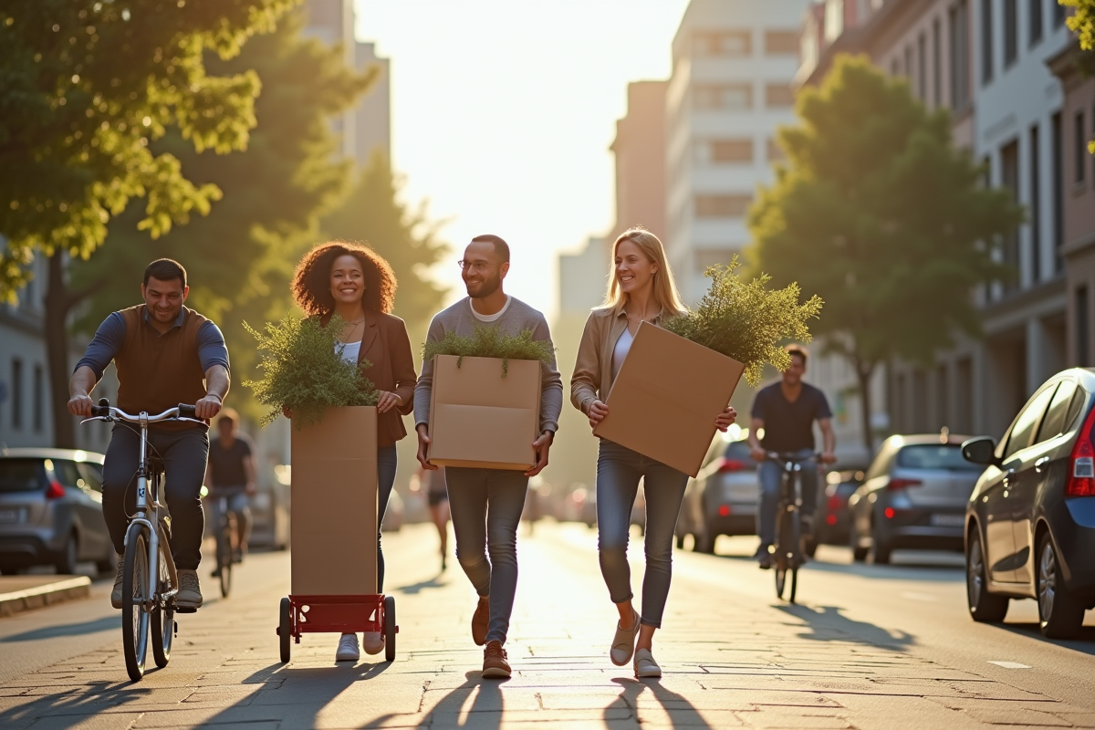 Trois amis portant des cartons et plantes dans la rue ensoleillée