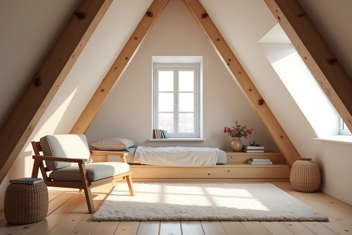 Aménagement moderne d'un comble avec poutres en bois et coin lecture
