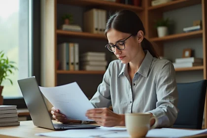 Femme analysant les avis Google d'un camping sur un ordinateur portable dans un bureau à domicile