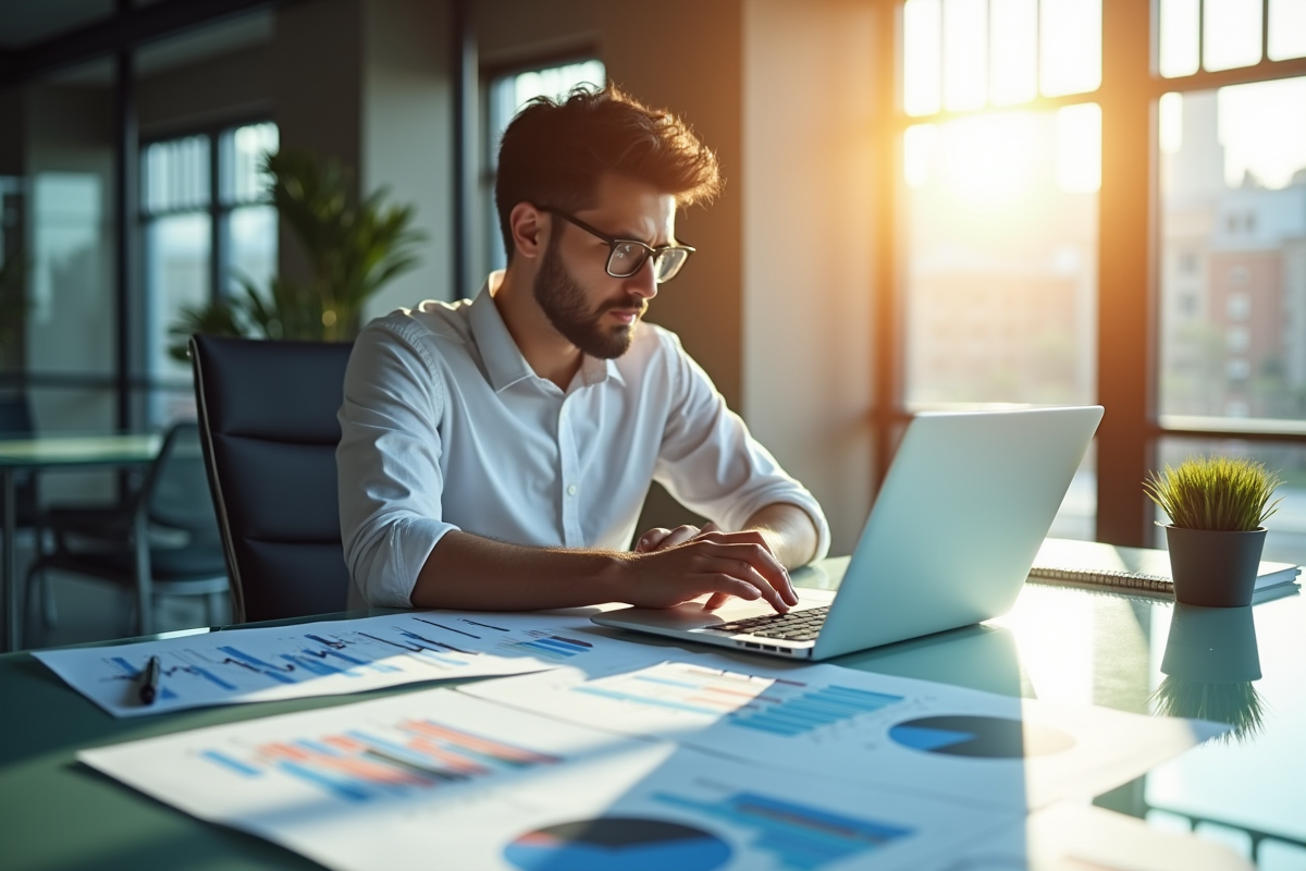Jeune professionnel analysant des graphiques d'investissement dans un bureau lumineux