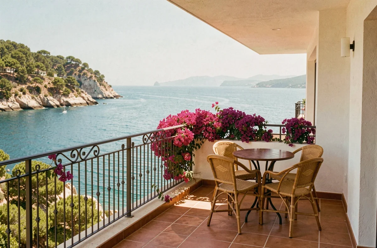 Terrasse d'appartement vue mer Costa Brava avec balcon et végétation méditerranéenne pour location saisonnière