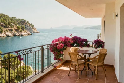 Terrasse d'appartement vue mer Costa Brava avec balcon et végétation méditerranéenne pour location saisonnière