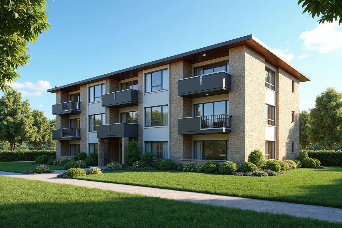 Immeuble résidentiel avec jardin et ciel bleu