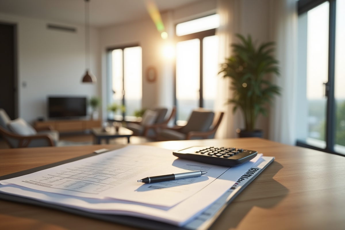 Intérieur d'un appartement moderne avec documents financiers et calculatrice