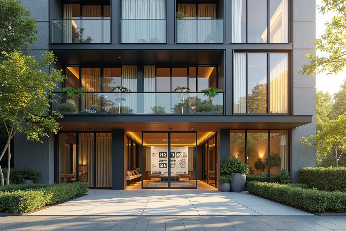 Immeuble moderne avec grandes fenêtres et verdure extérieure