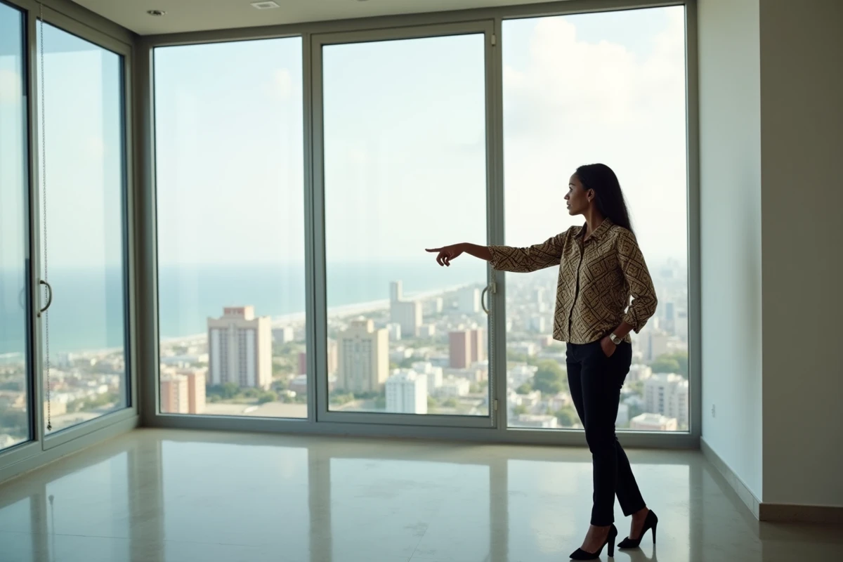 Agente immobilière présentant un appartement moderne avec vue sur Dakar et l'océan Atlantique