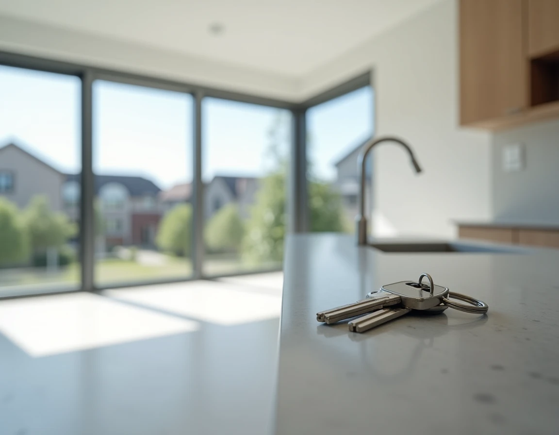 Intérieur d'un appartement neuf vide avec clés posées sur le comptoir symbolisant l'accession à la propriété via un retour de lot