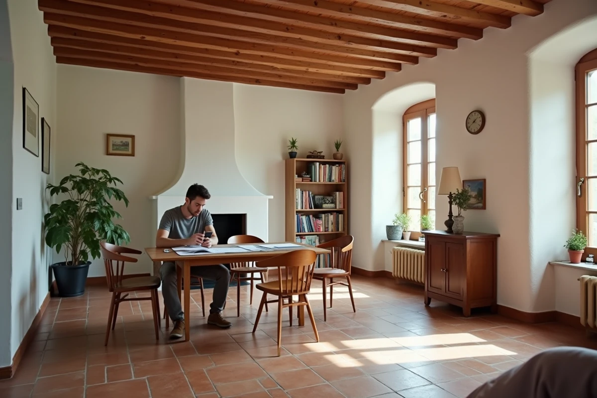 Int&eacute;rieur d'un appartement r&eacute;nov&eacute; &agrave; Bergerac avec poutres apparentes et tomettes, repr&eacute;sentant le rapport qualit&eacute;-prix des logements locatifs en Dordogne