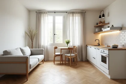 Appartement T2 moderne avec salon et cuisine ouverte, parquet clair et canapé gris dans un style Parisien