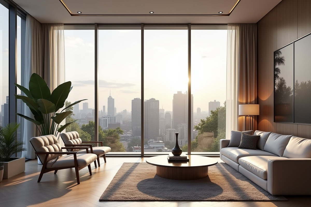 Intérieur d'un appartement moderne avec vue sur la ville