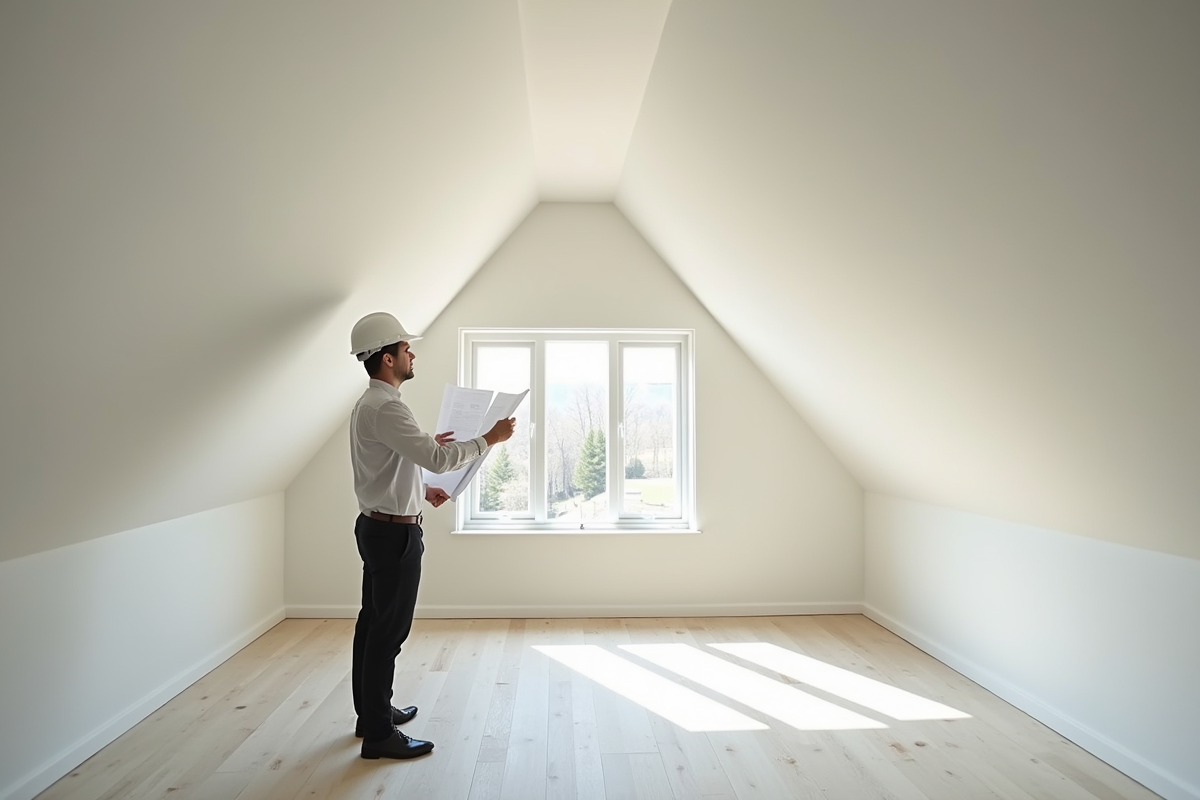 Architecte examinant des plans dans un comble vide et lumineux