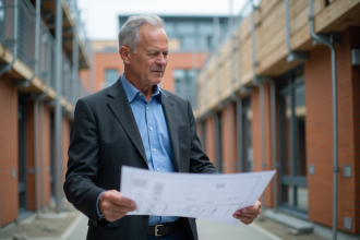 Architecte homme examinant plans RT 2012 sur site