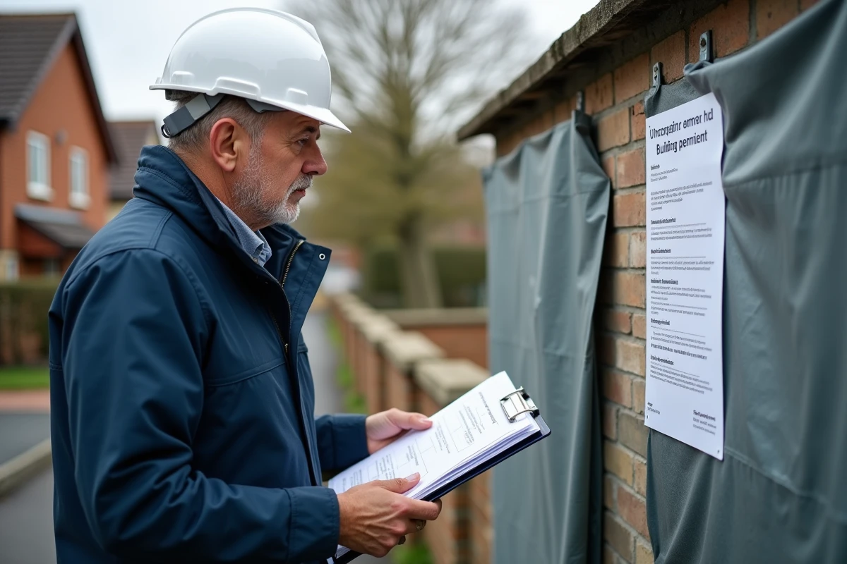 Architecte inspectant un panneau de chantier mal installé avec texte partiellement masqué