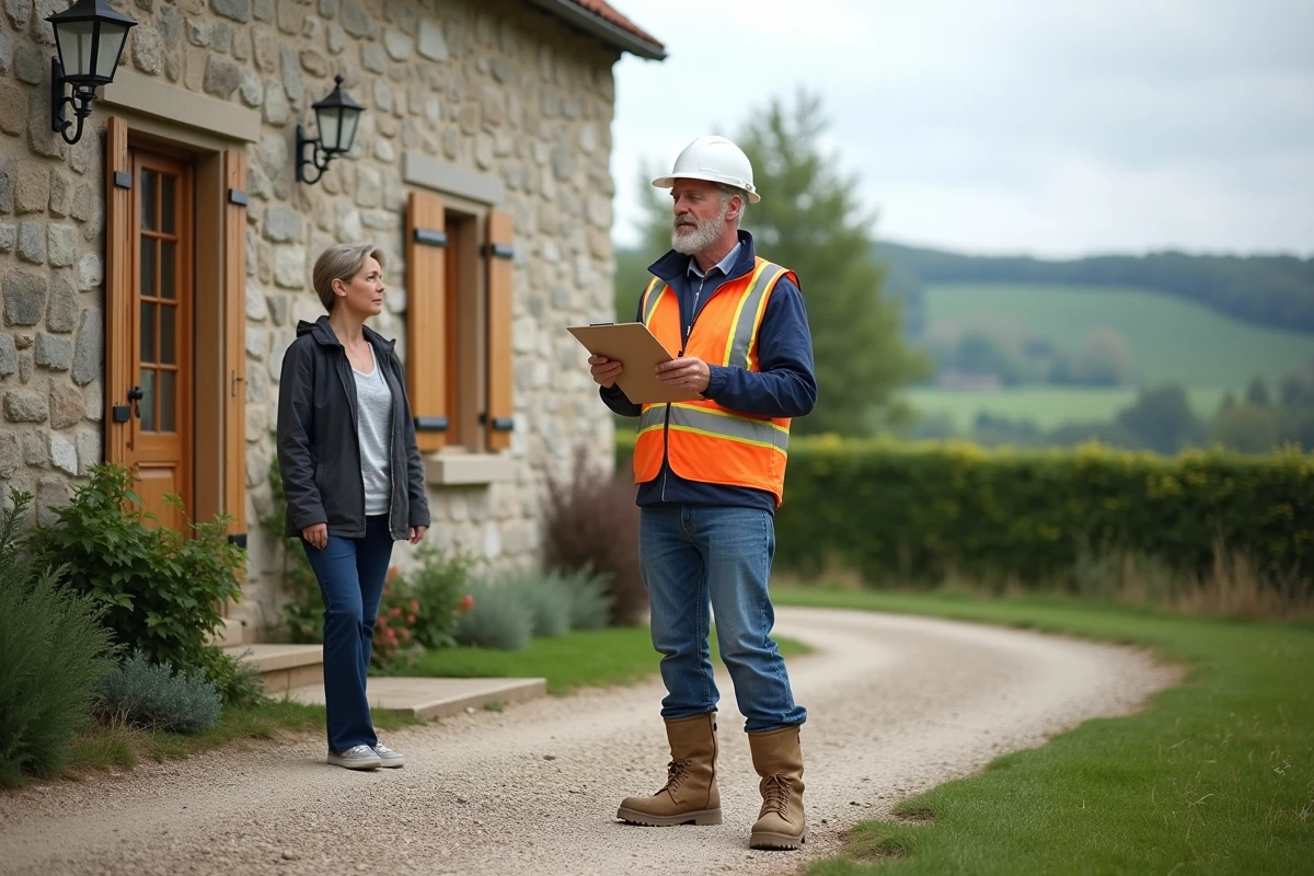Artisan local et propriétaire discutant devant une maison en pierre à louer dans la Creuse