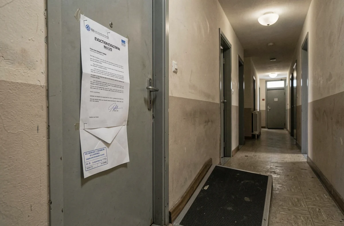 Avis d'expulsion affiché sur la porte d'un appartement adapté aux personnes handicapées, symbolisant la procédure d'expulsion reportée