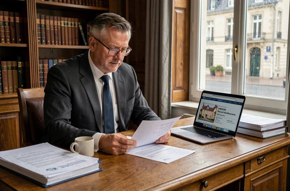 Notaire ou avocat immobilier examinant un contrat de vente lors d'une procédure de divorce en Calvados