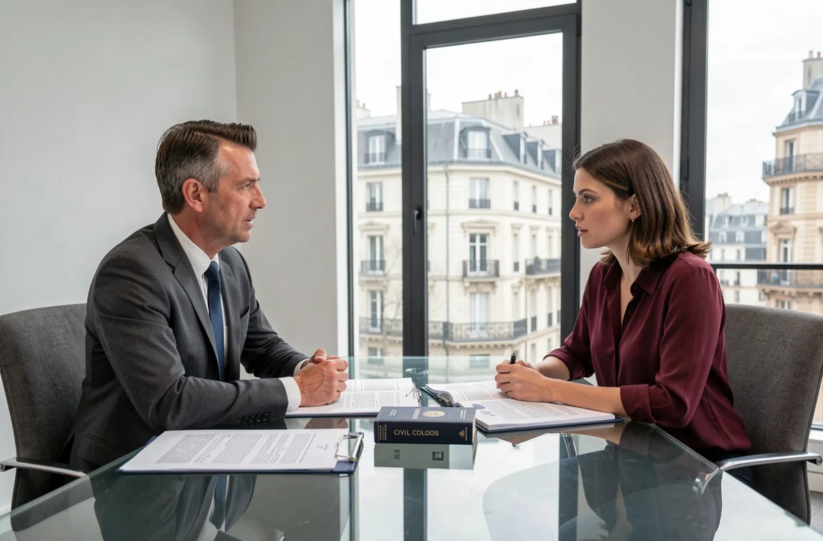 Avocat immobilier et cliente discutant des risques de garantie d'éviction lors d'une vente d'immeuble occupé
