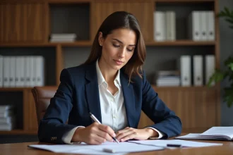 Femme en notaire examine des documents importants