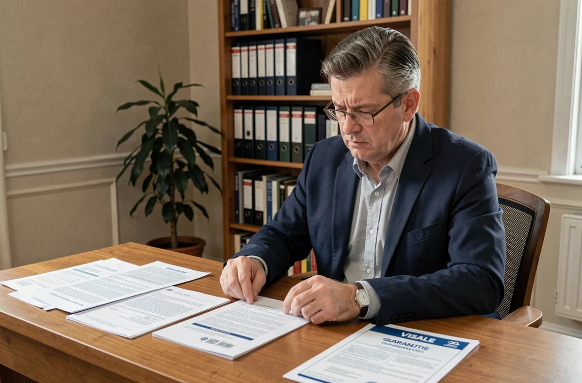 Bailleur préoccupé lisant un contrat de garantie Visale à son bureau, illustrant les risques liés à la clause de résiliation de plein droit