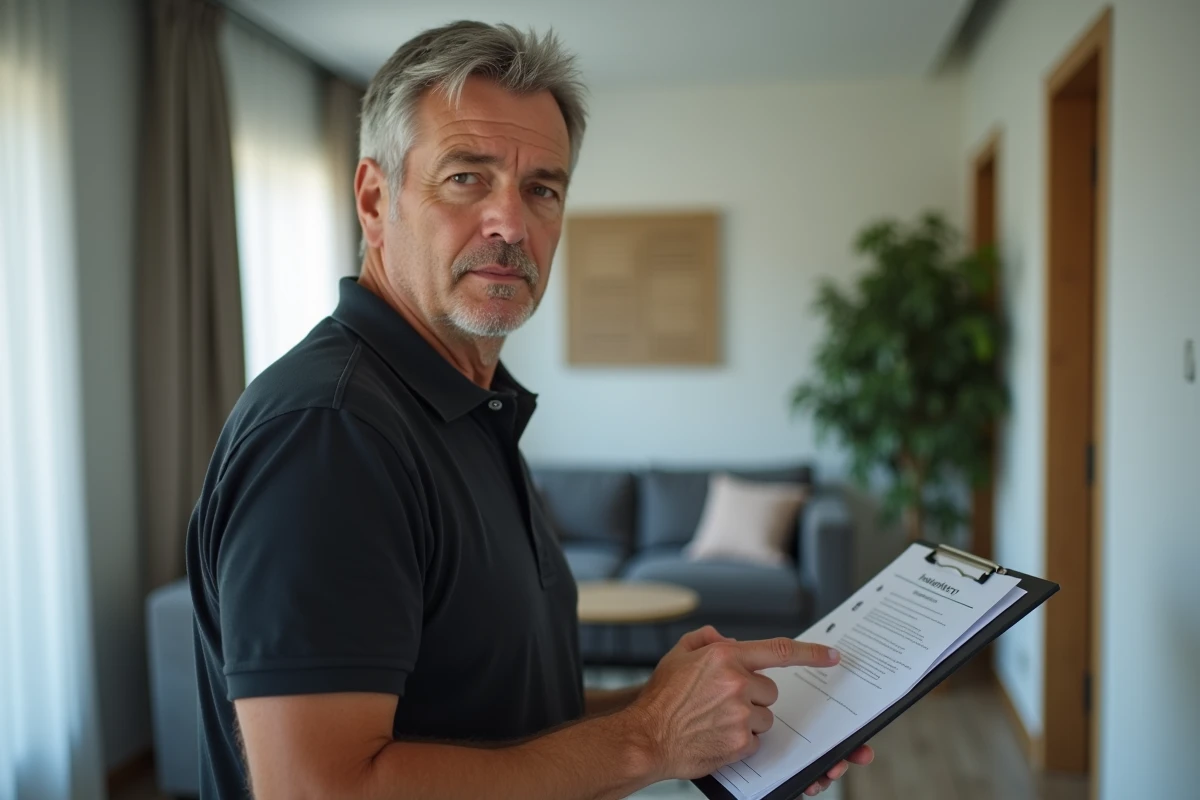 Propriétaire bailleur tenant un inventaire de mobilier lors d'un état des lieux dans un appartement en location longue durée