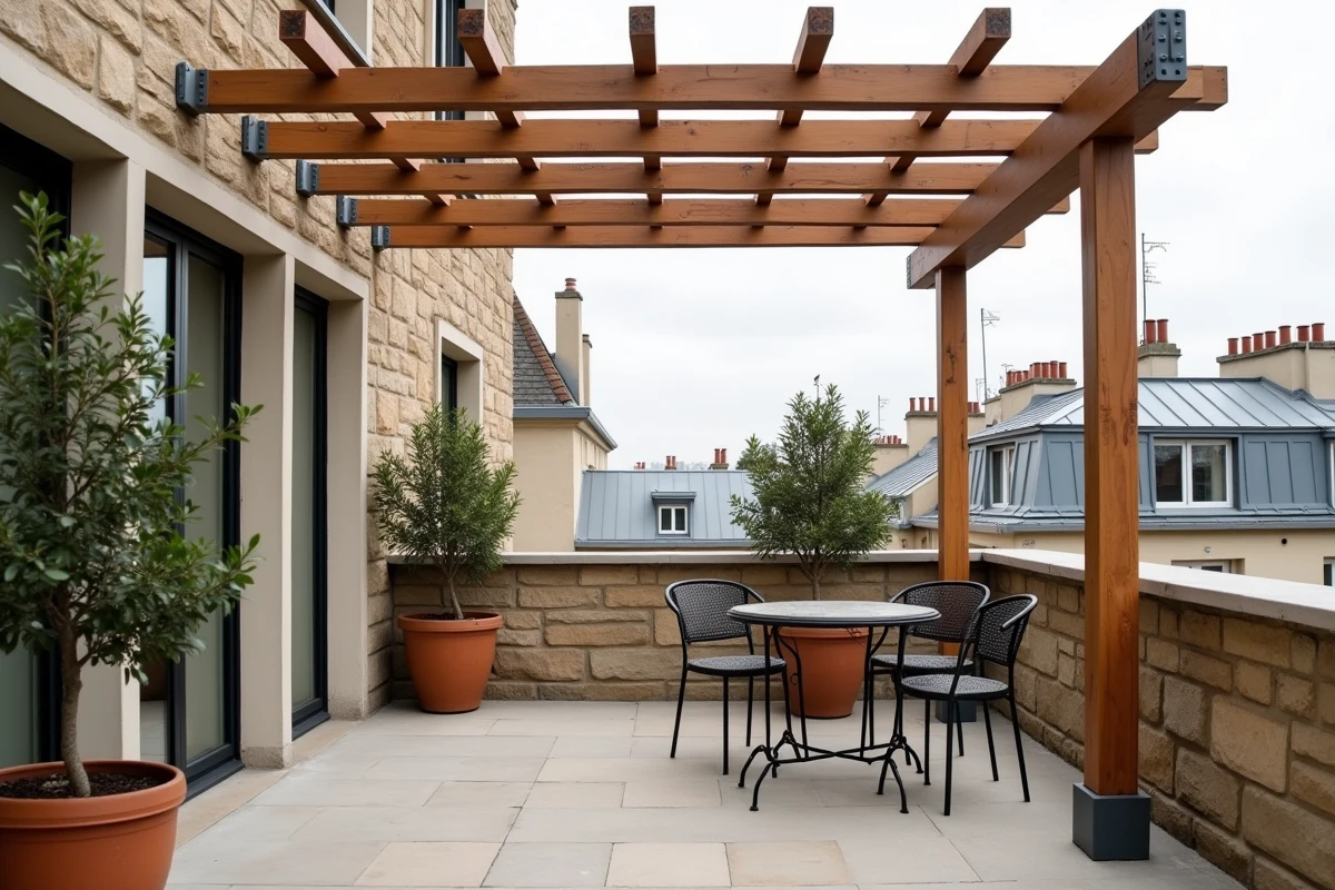 Balcon avec pergola en bois et mobilier de jardin sur un immeuble parisien soumis à la taxe foncière