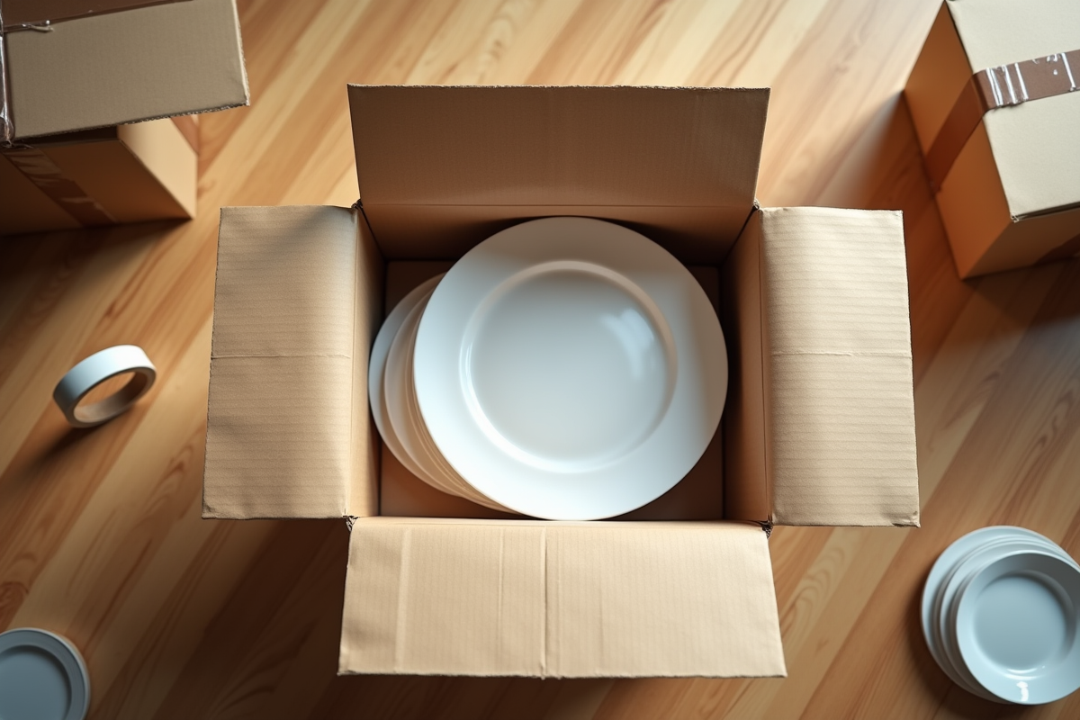 Boîte ouverte avec des assiettes séparées par du papier