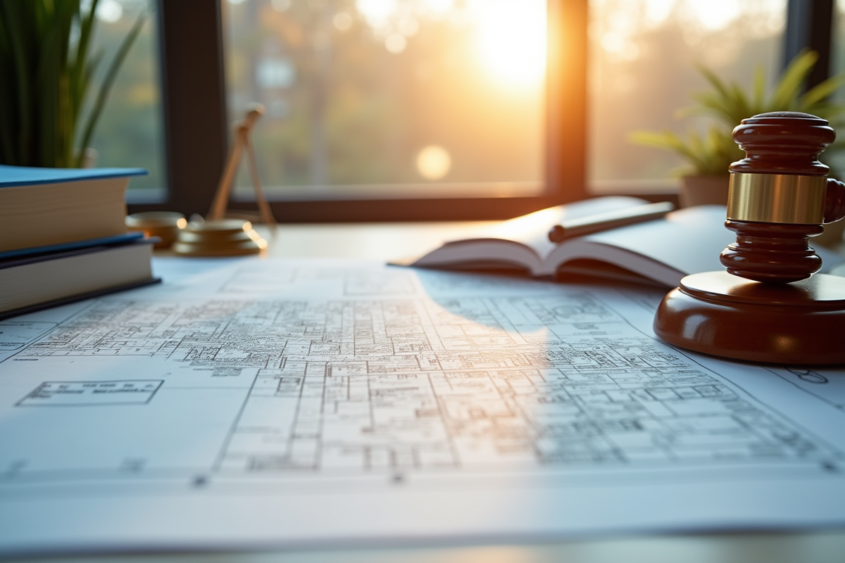 Bureau d'architecte avec plans urbains et livres juridiques