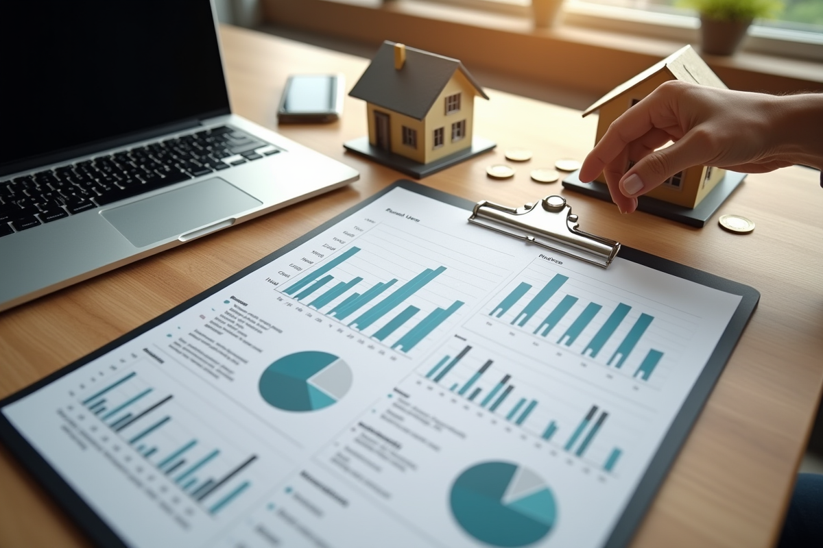 Vue de dessus d un bureau avec graphiques et documents immobiliers